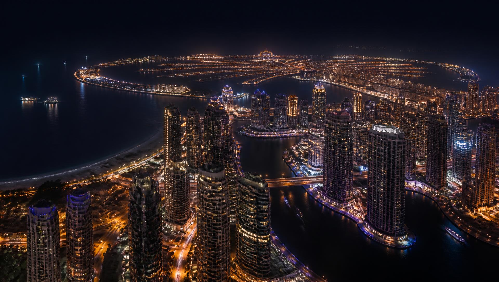 Aerial night view of Dubai Marina